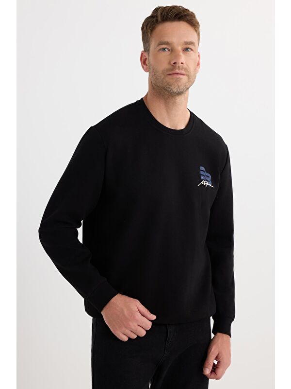 TUDORS Unisex Relax Fit Pamuklu Yumuşak Dokulu Bisiklet Yaka İçi Polarlı Baskılı Siyah Sweatshirt