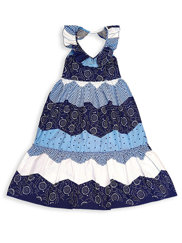 Denokids Lacivert Beyaz Desenli Kız Çocuk Poplin Elbise