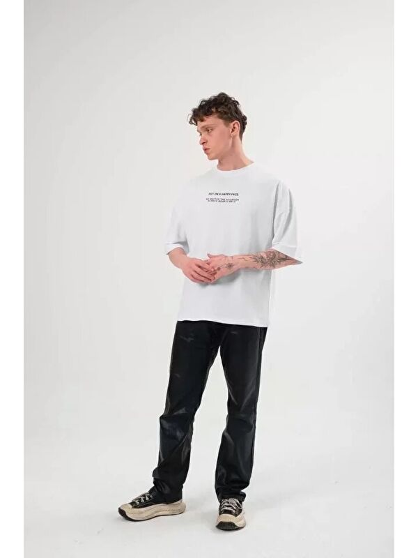 Jane's Unisex Bisiklet Yaka Baskılı Oversize T-Shirt - Beyaz