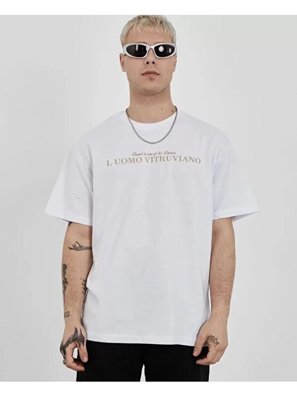 Jane's Unisex Bisiklet Yaka Baskılı Oversize T-Shirt - Beyaz