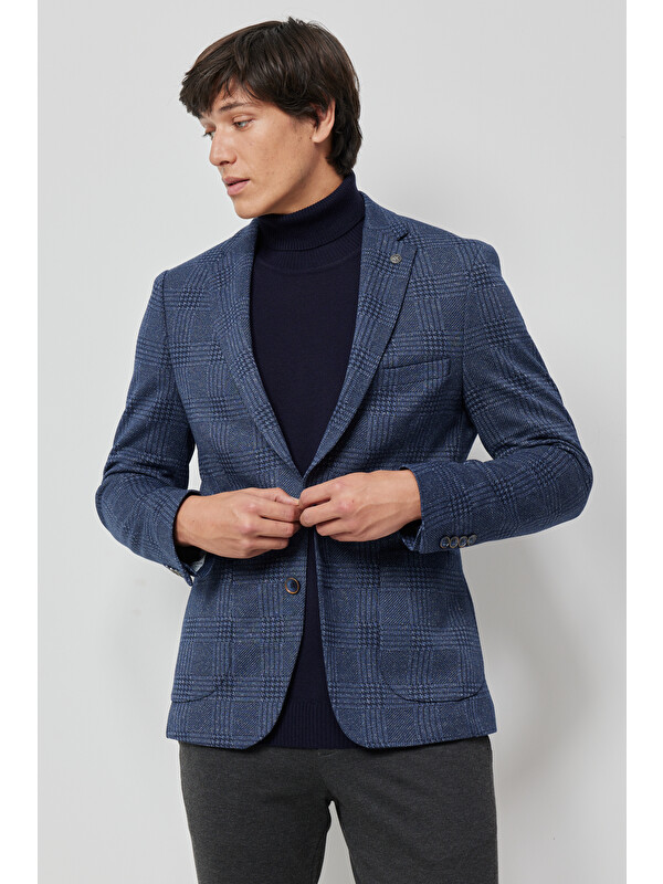 Altınyıldız Classics Erkek Lacivert-Beyaz  Dar Kesim Mono Yaka Takipli Kareli Blazer Ceket