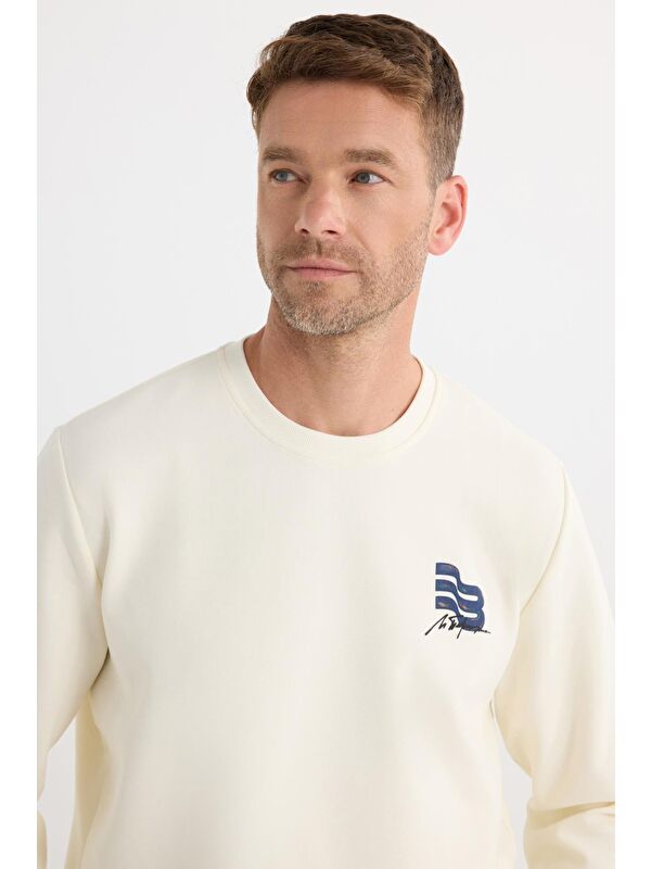 TUDORS Unisex Relax Fit Rahat Kesim Pamuklu Yumuşak Dokulu Bisklet Yaka İç Polarlı Baskılı Ekru Sweatshirt