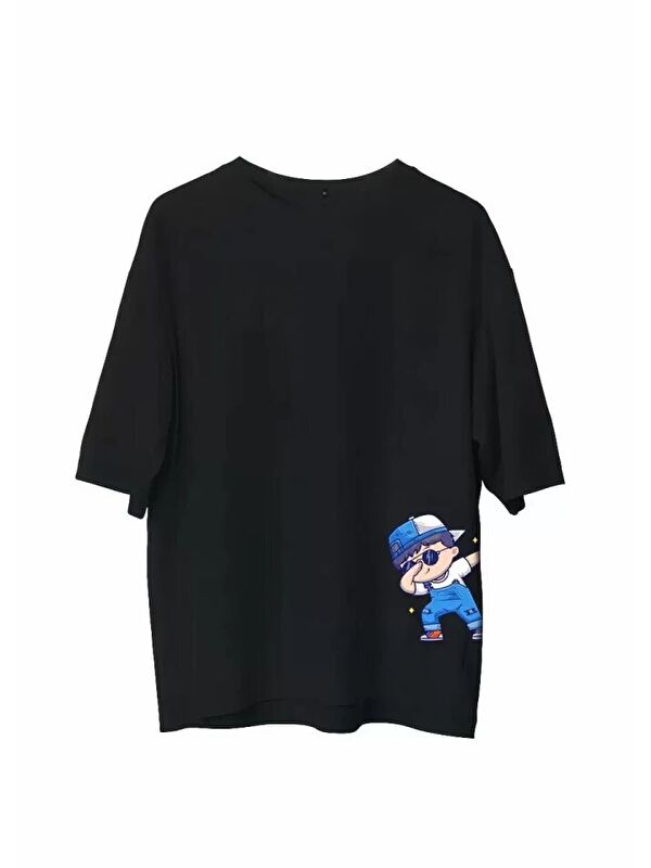 Jane's Unisex Bisiklet Yaka Baskılı Oversize T-Shirt - Siyah