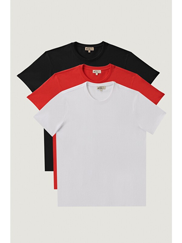 AC&Co / Altınyıldız Classics Erkek Beyaz-Kırmızı-Siyah Slim Fit Bisiklet Yaka 3'lü %100 Pamuk Tişört Paketi
