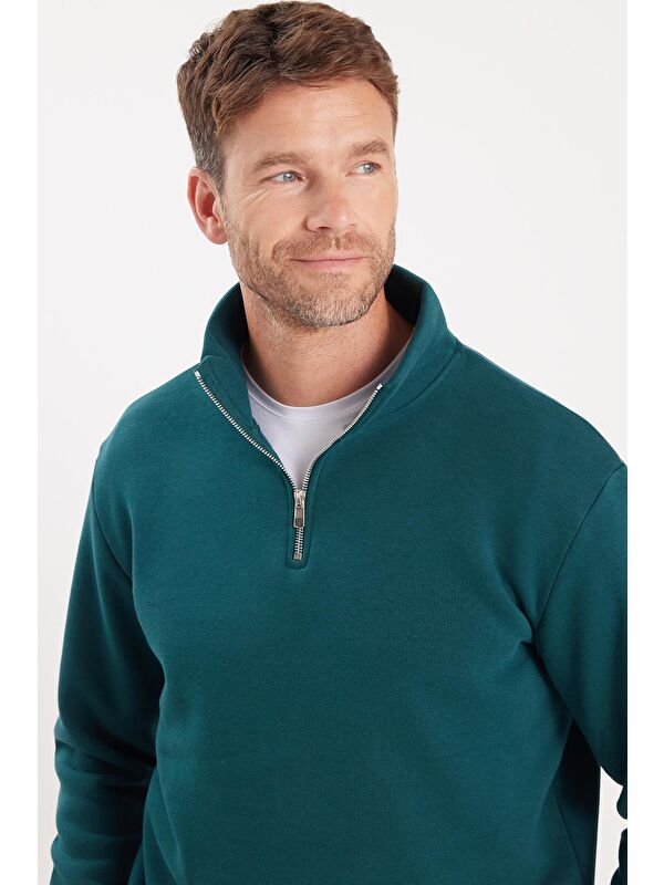 TUDORS Unisex Relax Fit Rahat Kesim Pamuklu İçi Polarlı Yarım Fermuarlı Yeşil Dik Yaka Sweatshirt