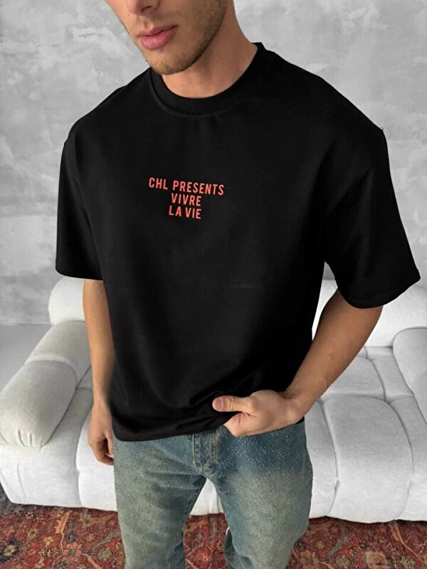 Jane's Ön Ve Arka Baskılı Oversize Bisiklet Yaka T-shirt- Siyah