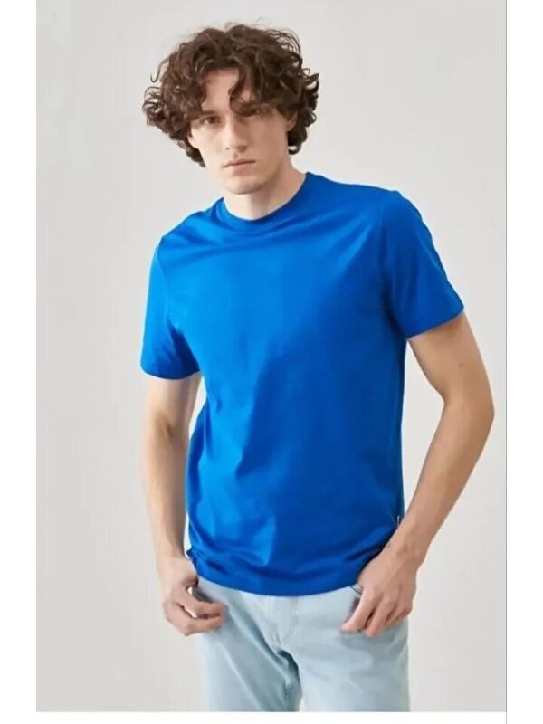 Jane's Unisex Düz Biskilet Yaka Oversize T-shirt - Mavi