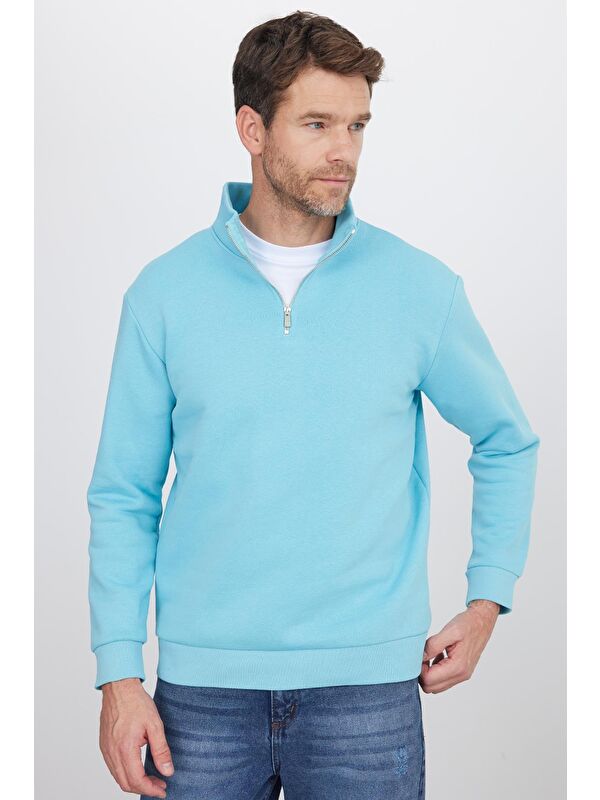 TUDORS Unisex Relax Fit Rahat Kesim Pamuklu İçi Polarlı Yarım Fermuarlı Açık Mavi Dik Yaka Sweatshirt