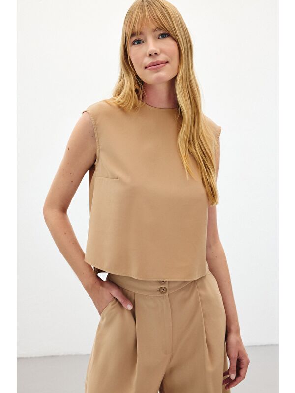 SATEEN Kolsuz Salaş Bluz - Camel