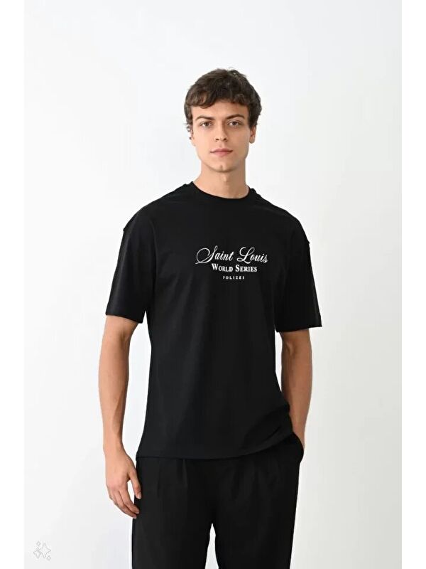 Jane's Unisex Bisiklet Yaka Baskılı Oversize T-Shirt - Siyah