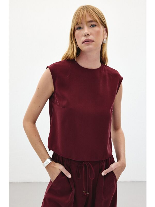 SATEEN Kolsuz Salaş Bluz - Bordo