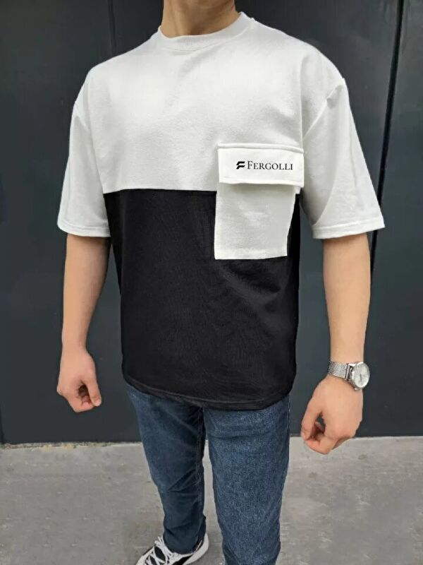 Jane's Unisex Torba Cep Detaylı Parçalı T-Shirt - Siyah