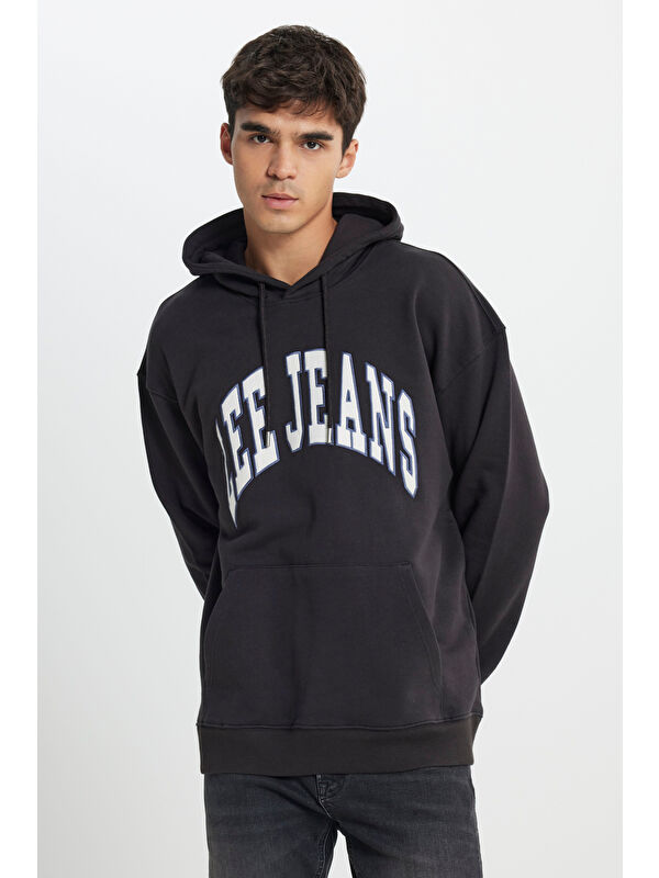 Lee Relaxed Fit Geniş Kesim %100 Pamuk Kapüşonlu İçi Polarlı Antrasit Sweatshirt