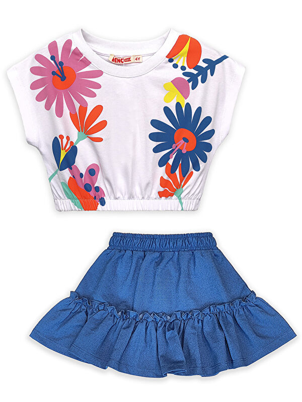 Denokids Renkli Çiçekler Kız Çocuk T-shirt Etek Takım
