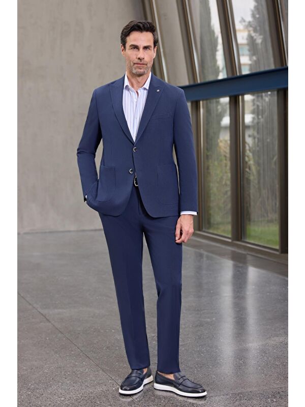 İMZA Koyu Lacivert Kılıç Yaka Esnek 6 Drop Slim Fit Classic Takım Elbise 1001250100
