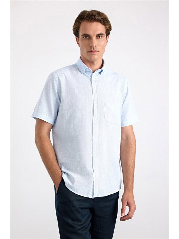 Süvari Buz Mavi Regular Düğmeli Yaka Düz İpliği Boyalı Kapaksız Cep Düz Kısa Kollu Casual Gömlek