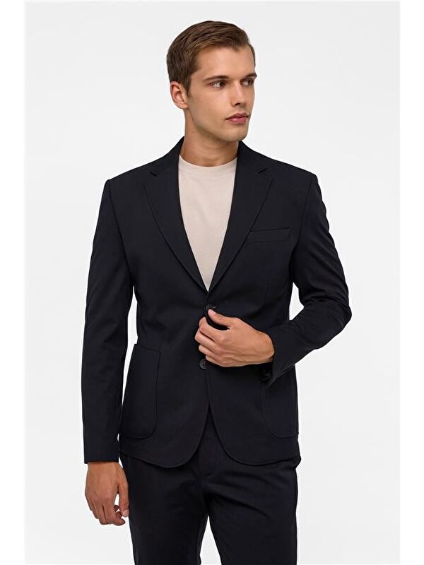 Süvari Siyah Slim Düz Mono Yaka 6 Drop Blazer Ceket