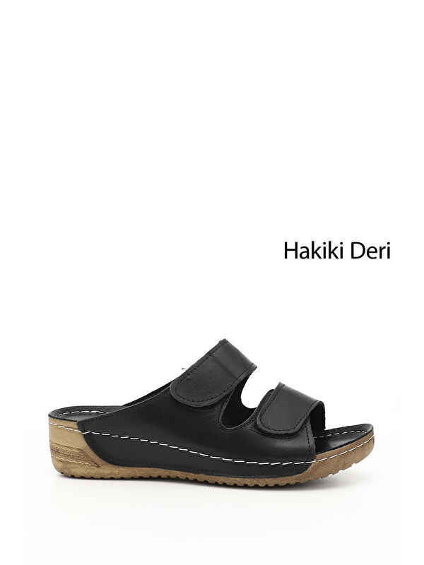 GÖNDERİ(R) Kadın ZÜMRÜT-SİYAH Cırtlı Dolgu Taban Hakiki Deri Terlik