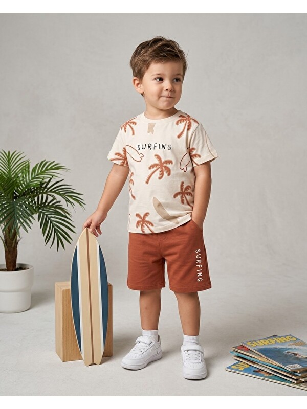 Ege Bebek Erkek Çocuk Yazlık Palmiye Baskılı Şort T-shirt 2'li Takım