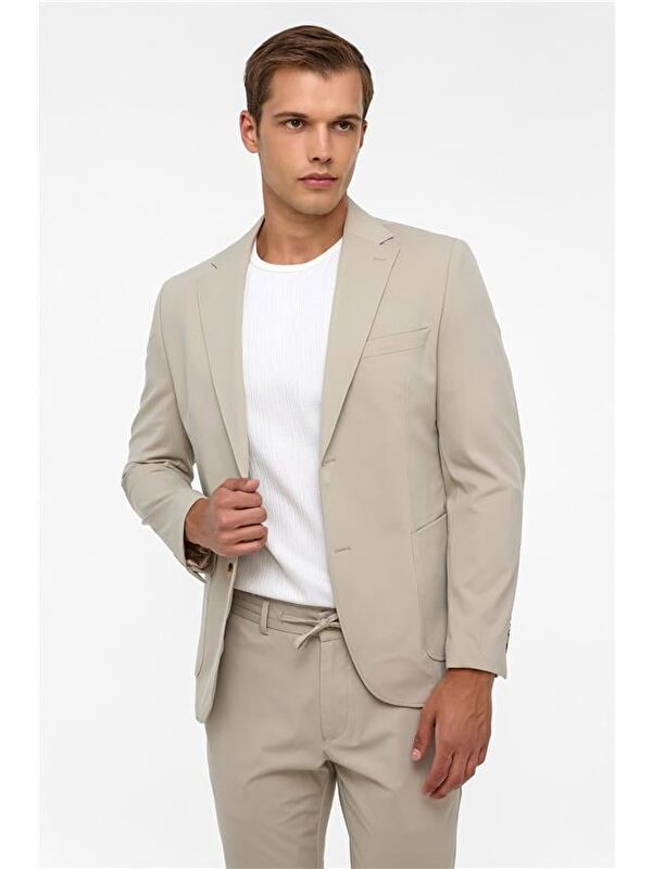 Süvari Bej Slim Düz Mono Yaka 6 Drop Blazer Ceket