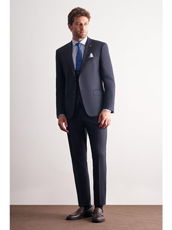 İMZA Lacivert Mono Yaka Astarlı Çift Yırtmaç Esnek 6 Drop Slim Fit Basic Yelekli Takım Elbise 1001255186