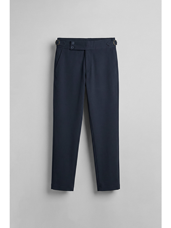 Abluka Online Erkek Slim Fit İtalyan Kesim Yan Tokalı Çift Düğmeli Pantolon Lacivert