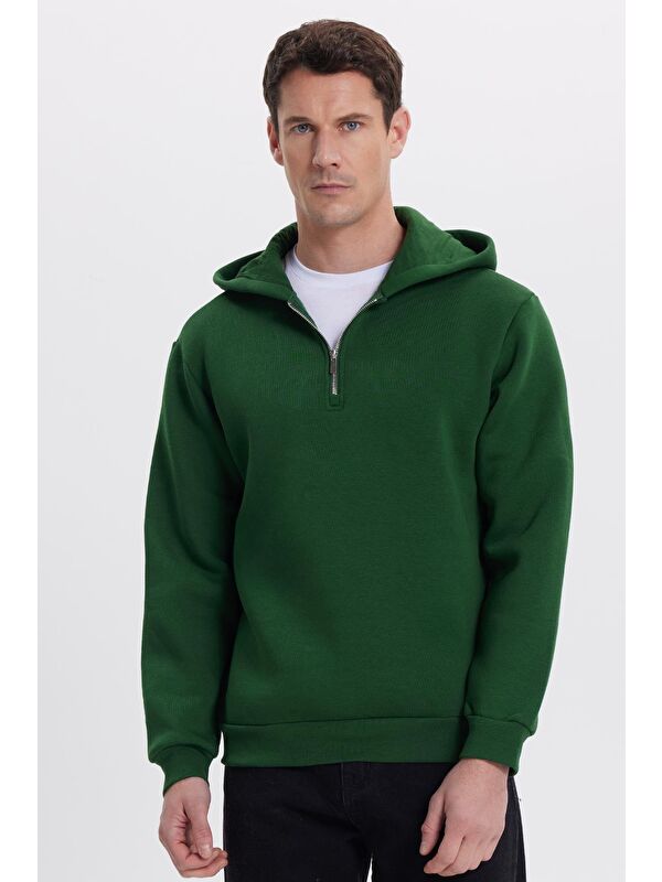 TUDORS Unisex Relax Fit Rahat Kesim Pamuklu İçi Polarlı Yarım Fermuarlı Yeşil Kapüşonlu Sweatshirt