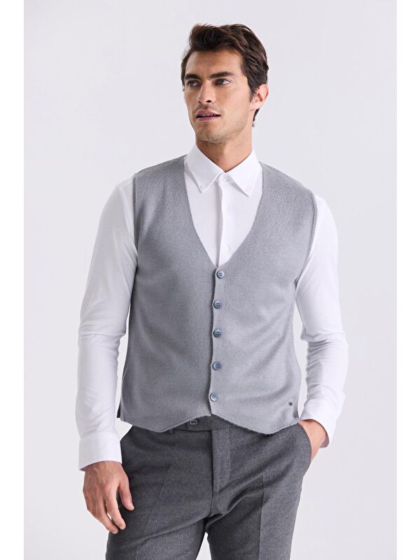 JAKAMEN Gri Slim Fit Düğmeli Triko Yelek