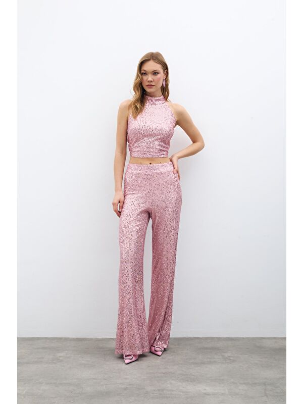 SATEEN Payetli Salaş Pantolon - Pudra