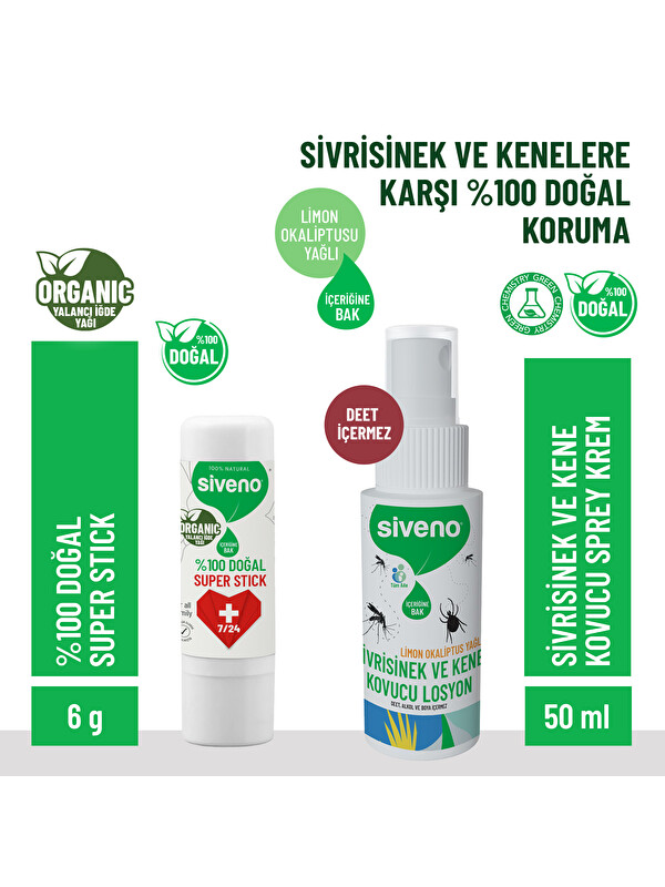 Siveno Sivrisinek Ve Kene Kovucu Sprey Krem 50 ml & %100 Doğal Super Stick 6 G Set