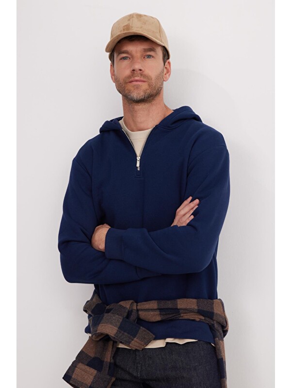 TUDORS Unisex Relax Fit Rahat Kesim Pamuklu İçi Polarlı Yarım Fermuarlı Lacivert Kapüşonlu Sweatshirt