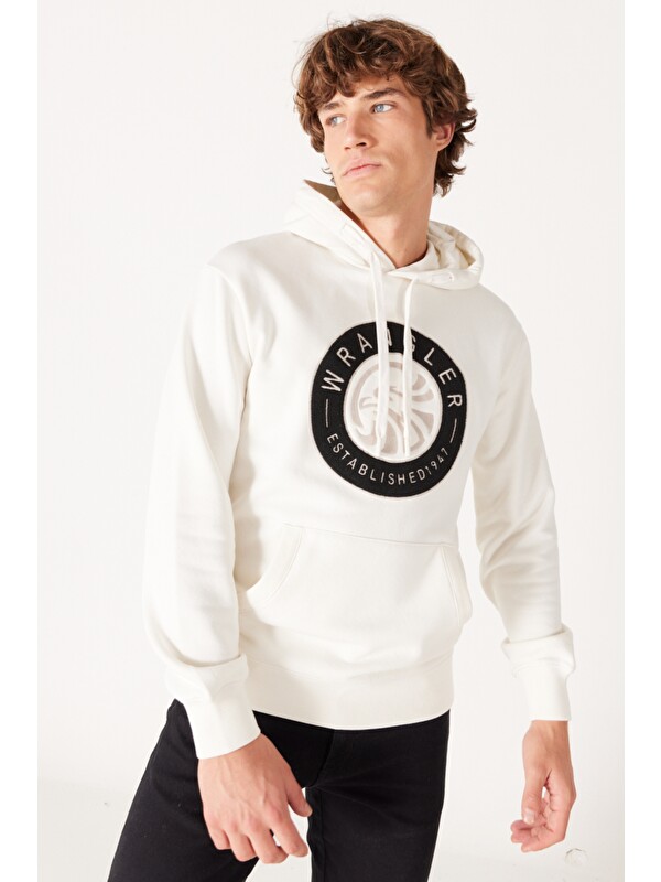 Wrangler Regular Fit Normal Kesim Kapüşonlu İçi Polarlı Kırık Beyaz Sweatshirt