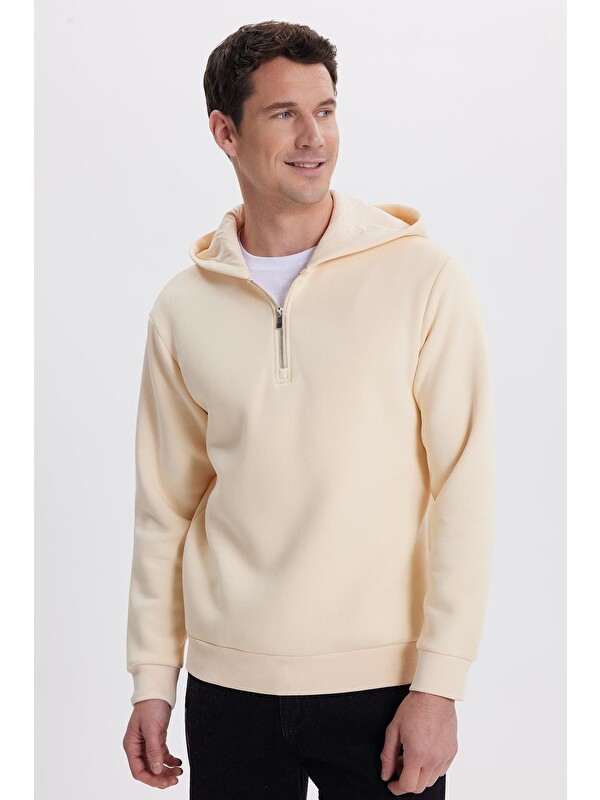 TUDORS Unisex Relax Fit Rahat Kesim Pamuklu İçi Polarlı Yarım Fermuarlı Taş Kapüşonlu Sweatshirt