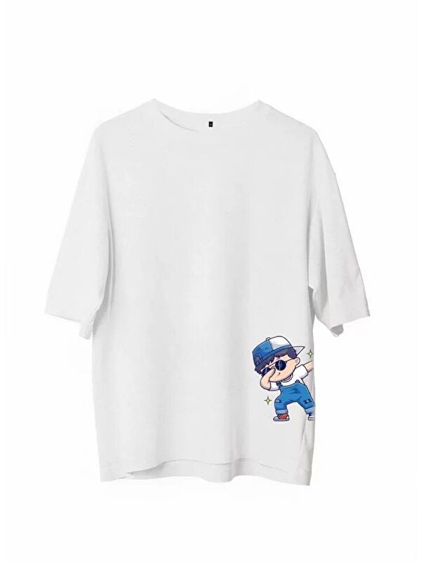 Jane's Unisex Bisiklet Yaka Baskılı Oversize T-Shirt - Beyaz