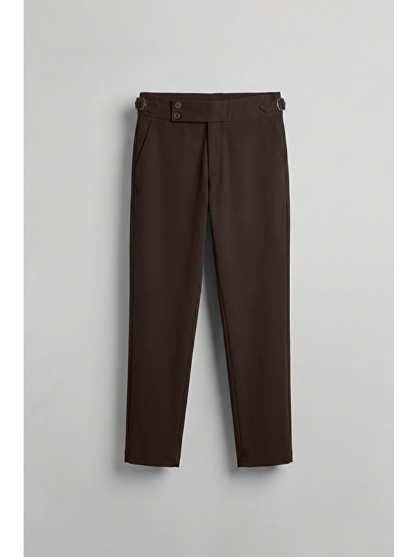 Abluka Online Erkek Slim Fit İtalyan Kesim Yan Tokalı Çift Düğmeli Pantolon Kahverengi