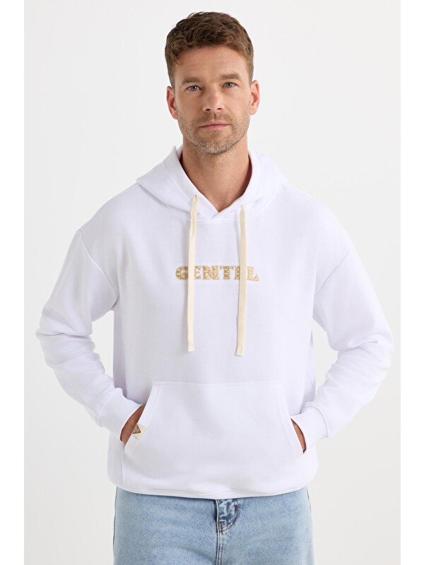 TUDORS Erkek Oversize Geniş Kesim Pamuklu Baskılı Beyaz Kapüşonlu Sweatshirt