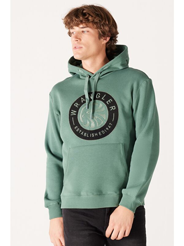 Wrangler Regular Fit Normal Kesim Kapüşonlu İçi Polarlı Yeşil Sweatshirt