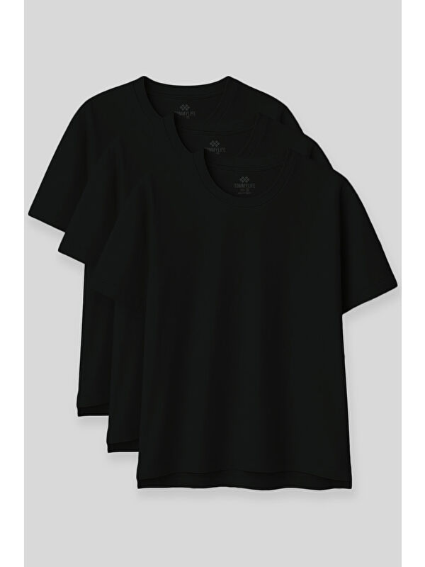 Tommylife Oversize Fit Basic O Yaka 3lü Paket Siyah Kadın T-Shirt  97285
