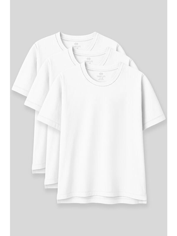 Tommylife Oversize Fit Basic O Yaka 3lü Paket Beyaz Kadın T-Shirt  97285