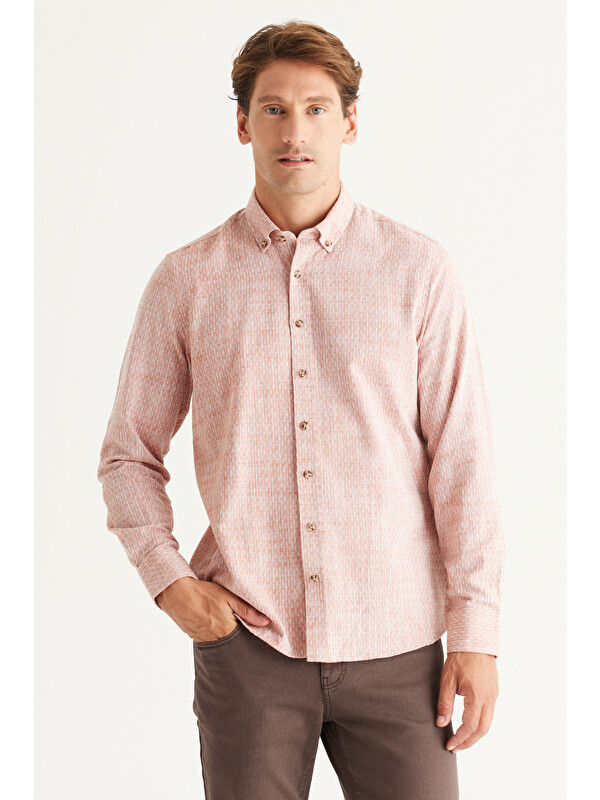 AC&Co / Altınyıldız Classics Erkek Kahverengi Slim Fit Dar Kesim %100 Pamuk Armürlü Düğmeli Yaka Casual Gömlek