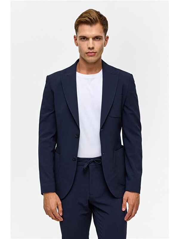 Süvari Lacivert Slim Desenli Sivri Yaka 6 Drop Blazer Ceket