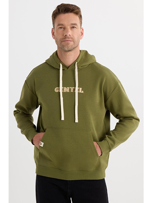 TUDORS Erkek Oversize Geniş Kesim Pamuklu Baskılı Yeşil Kapüşonlu Sweatshirt