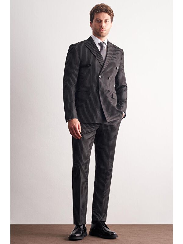 İMZA Siyah Kılıç Yaka Tam Astar 6 Drop Slim Fit Esnek Kruvaze Takım Elbise 1001255153
