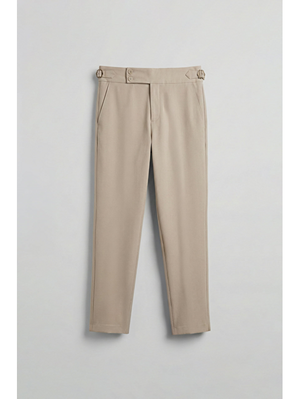 Abluka Online Erkek Slim Fit İtalyan Kesim Yan Tokalı Çift Düğmeli Pantolon Bej
