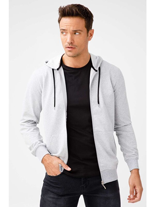 igs A.Gri Modernfit / Ekstra Dar Kalıp Kapüşonlu Erkek Fermuarlı Sweatshirt Hırka