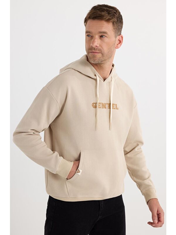 TUDORS Erkek Oversize Geniş Kesim Pamuklu Baskılı Bej Kapüşonlu Sweatshirt