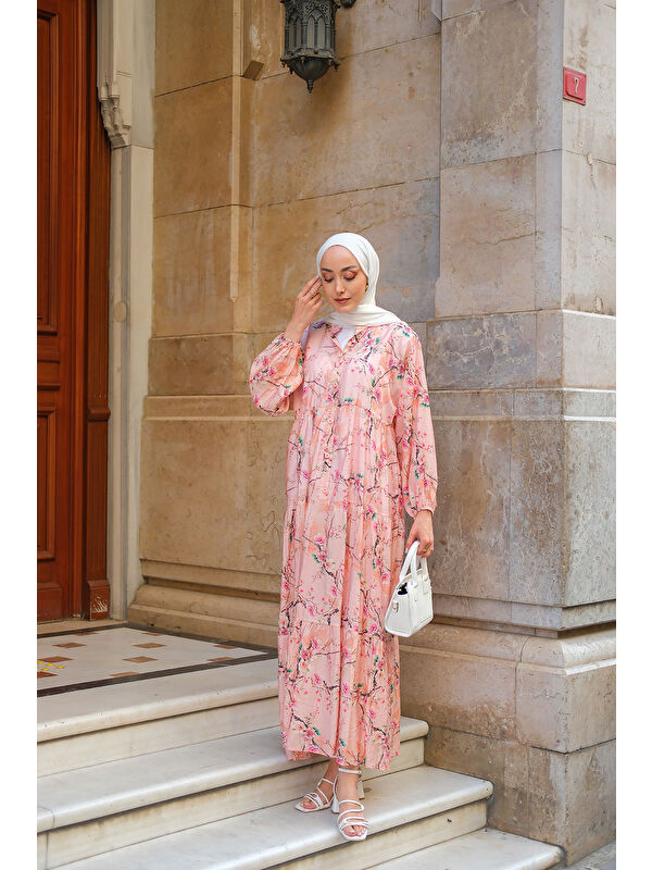 Locco Moda Kadın Sakura Çiçeği Desenli Elbise Pembe