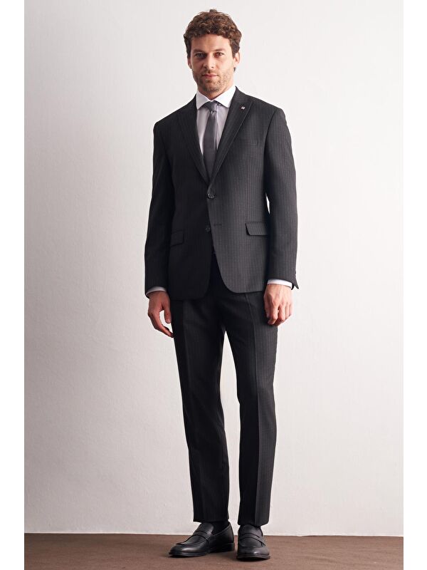 İMZA Siyah - Gri Kırlangıç Yaka Çizgili Desen Esnek 6 Drop Slim Fit Classic Takım Elbise 1001255161