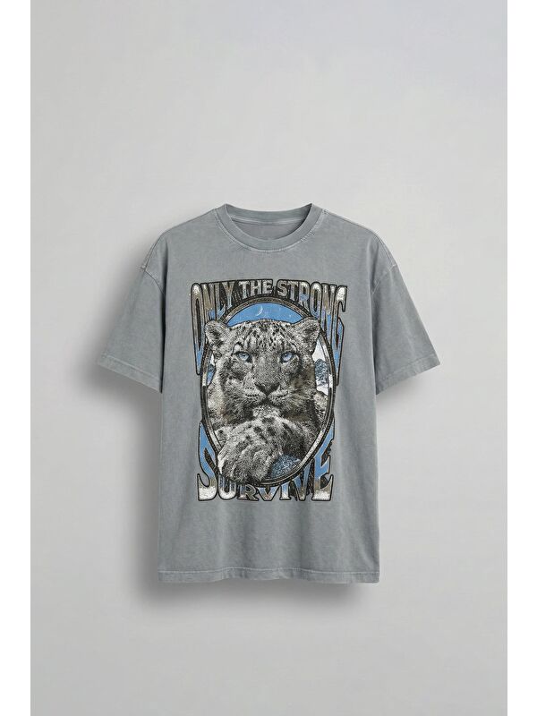 Abluka Online Erkek Oversize Kaplan Baskılı T-Shirt Gri