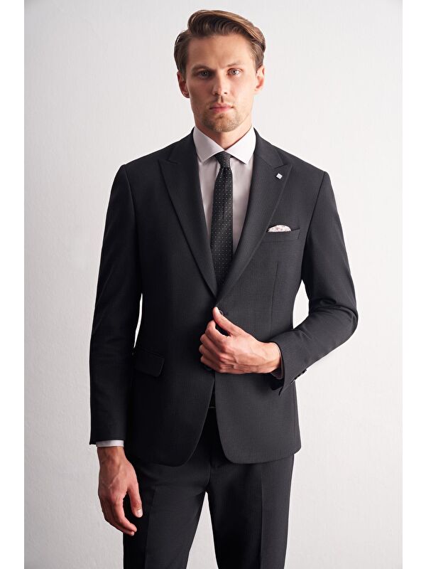 İMZA Lacivert Kırlangıç Yaka Çizgili Desen Esnek 6 Drop Slim Fit Classic Takım Elbise 1001255164